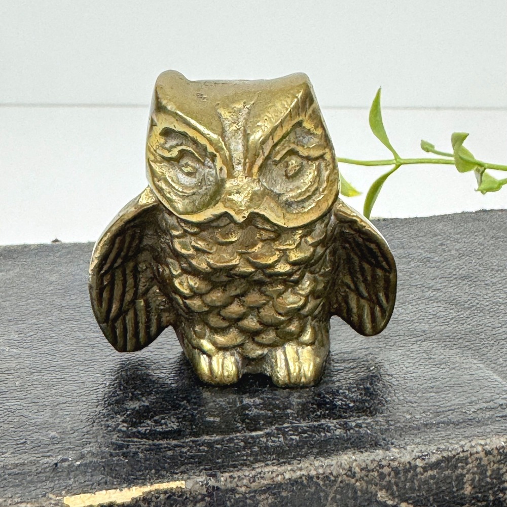 Vintage Brass Owl Paperweight Figurine Miniature 2" Mid Century Decor